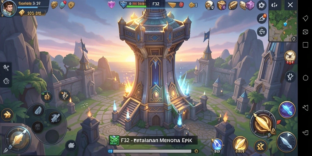 Tangkapan layar gameplay F32 yang menampilkan pertarungan menara pertahanan.