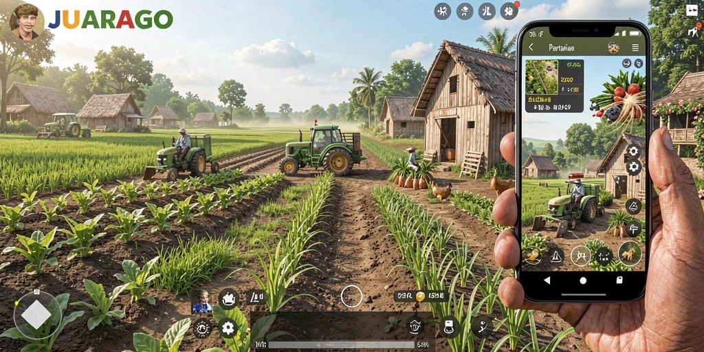 Tampilan gameplay JUARAGO yang menarik dalam suasana pertanian.