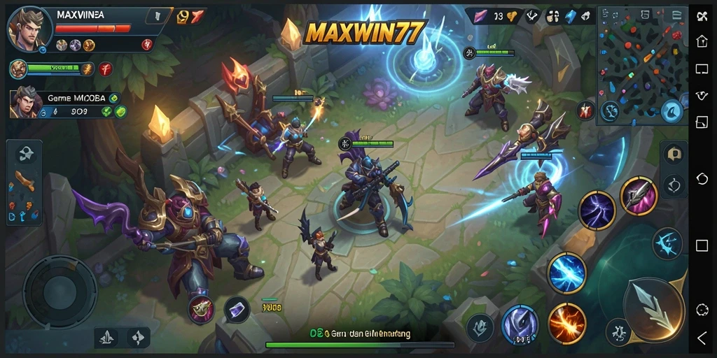 Screenshot utama menunjukkan aksi pertarungan seru dalam gameplay MOBA.