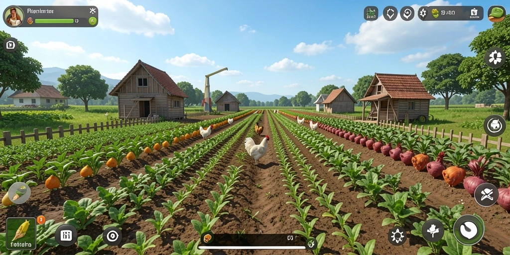 Screenshot gameplay PP7 dengan aktivitas bertani yang menyerupai kehidupan nyata.