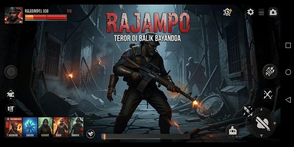 Screenshot RAJAMPO menampilkan pemain berlari dalam kegelapan dengan bayangan misterius mengejar.
