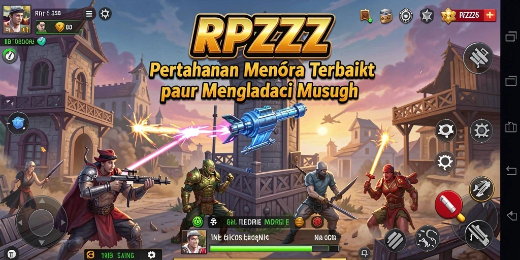 Tangkapan layar utama RPZZZ menampilkan aksi menara pertahanan yang mendebarkan.