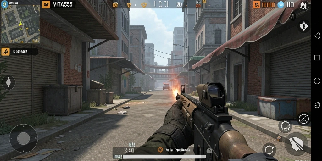 Screenshot gameplay VITA555 menunjukkan aksi tembak-menembak yang intens.
